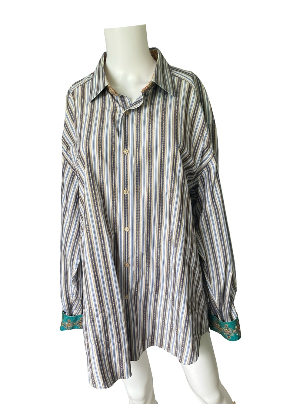 Robert Graham Striped Button Up Shirt Embroidered Flip Cuff Mens Size 2XL